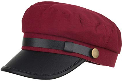CHENNUO Army Military Cap Damen Schirmmütze Kapitänsmütze PU-Leder Visoren Flache Kappe (Rot)