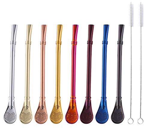 Buyer Star Cuillère à pailles INOX Cuillère Paille Filtre Infuseur à Thé 8 Couleurs Pailles métalliques réutilisables 2 Brosse de Nettoyage Longueur 6 Pouces