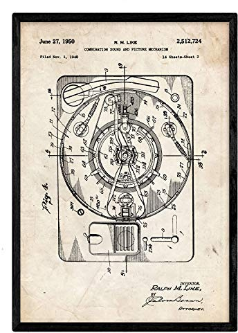 Nacnic Stampa artistica vintage. Brevetto suono e immagine per R. M. LIKE, sfondo vintage. Vecchie invenzioni musicali. Oggetti antichi e d'antiquariato. 250 Grammi di Alta Qualità.