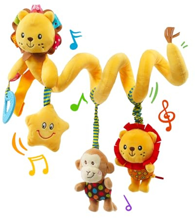 Jollybaby Crib Stroller Car Seat Toys for Baby 0-3-6-9-12 Months, Tummy Time Hanging Sensory Toys for Newborn with Music Box and Teether, Spiral Carseat Toy for Baby Boys Girls Gifts (07-Little Lion)