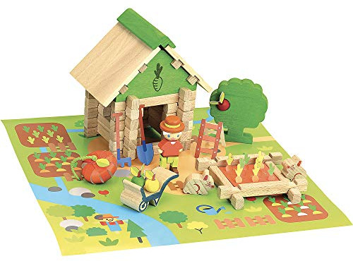 Jeujura - Maison du Jardinier 50 Pièces - Jeu Construction dès 3 Ans - 8225 | Jeu en bois enfant - Personnage, animaux et tapis de jeu inclus - Imagination - Fabriqué en France