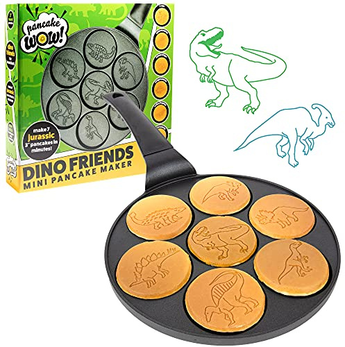 Dino Mini Pancake Pan- Make 7 Unique Flapjack Dinosaurs for Kids, Nonstick Pan Cake Maker Stovetop Griddle for Jurassic Fun & Easy Cleanup, Long Handle for Easy Holding, Breakfast Brunch Gift for Him