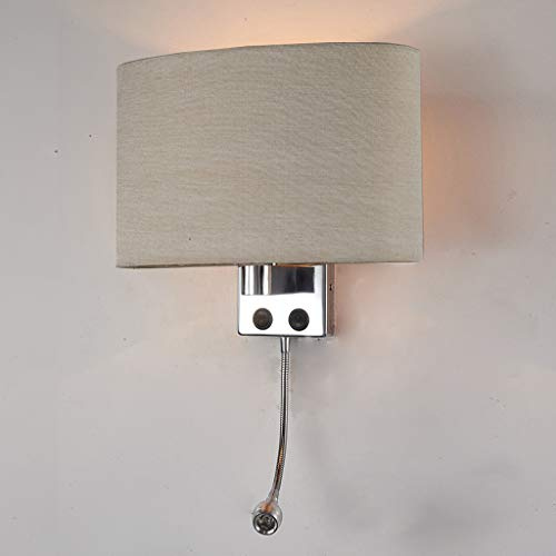 ACMHNC Wandleuchte Innen Mit Schalter, E27 Rustikal Wandlampe Mit Leselampe LED Schwanenhals, Stoff Lampenschirm,2x Taste Schalter,1W Bedside Spotlight Für Wohnzimmer Schlafzimmer Studie,Beige