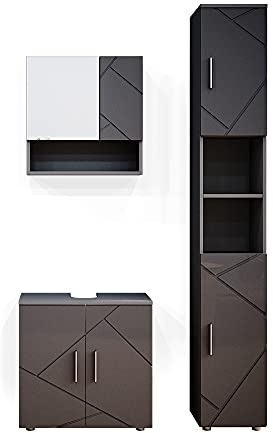 Vicco Badmöbel-Set Irma, Anthrazit Hochglanz, 80 cm | besteht aus Waschbeckenunterschrank, Spiegelschrank und Hochschrank