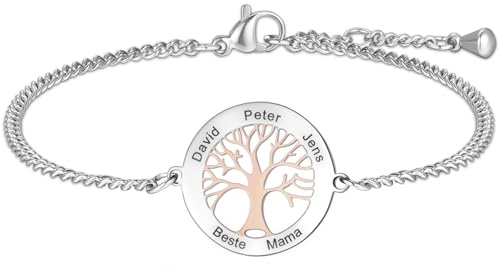 TMT Personalisiertes Lebensbaum Armband mit Gravur (silber & rose-gold) Mutter Tochter Armband mit Namen Tree of Life Personalisierte Geschenke Beste Mama Geschenk Armband personalisiert Damen