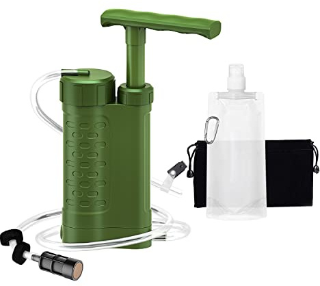 Ginkin Portable Water Filter Pump, 0.01 Micron Manual Survival Water Purifier for Camping Hiking Backpacking Emergency, Fast Flow Removes Harmful Substances & Sediment (k8188 Green)