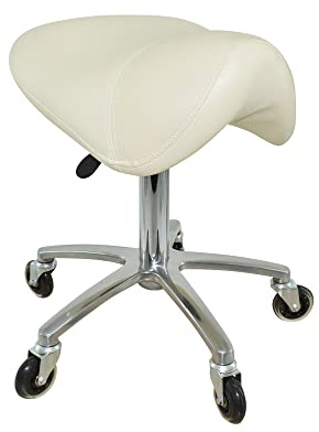 VAKON SALON - Premium Sattelhocker Weiß, Sattelstuhl für Rückenentlastung, Rollhocker höhenverstellbar von 50-65 cm, Drehhocker, Praxishocker, Bürohocker, Arbeitshocker