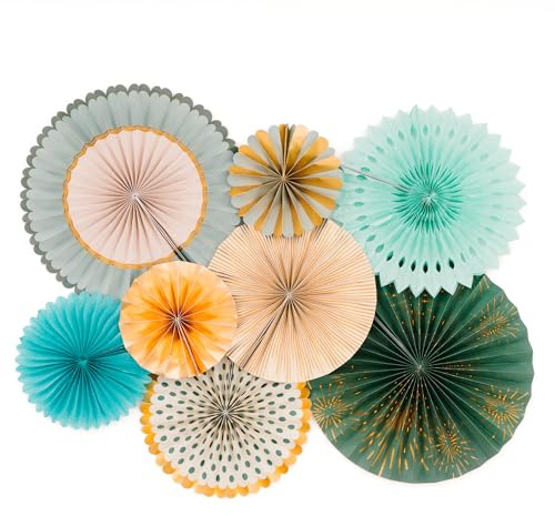 PapaKit 8-Piece Origami Paper Fan Set - Sage Green & Metallic Gold | Reusable Hanging Pinwheel Wall Decoration for Baby Shower, Wedding Backdrop, Eucalyptus Birthday Party & Bridal Shower