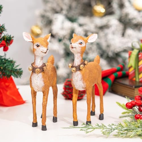 Topadorn Christmas Deer Figurines, Set of 2 Resin Reindeer Decor with Gold Bells for Holiday