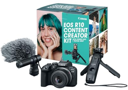 Canon EOS R10 Content Creator Kit, Mirrorless Vlogging Camera with RF-S18-45mm F4.5-6.3 is STM Lens, Tripod and Stereo Microphone, 24.2 Megapixel CMOS (APS-C) Sensor, 4K Video, Black