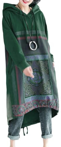 ORANDESIGNE Abito Felpa Donna Vestito Elegante Vintage Felpa Lungo con Cappuccio Manica Lunga Stampa Etnica Hoodie Oversized Midi Abito in Felpa con Tasche Casual Pullover Abito A Verde