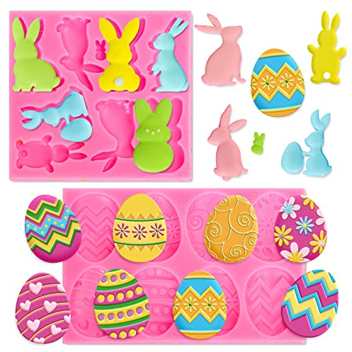 Whaline 2Pcs Easter Fondant Molds Cute Bunny Rabbit 3D Silicone Moulds Colorful Easter Egg Pattern Resin Molds Cupcake Cookie Baking Decorating Moulds for Easter Holiday Spring Party DIY Candy