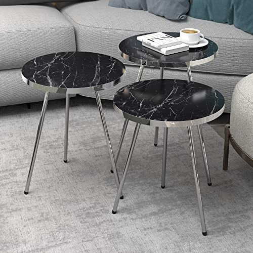 [en.casa] Beistelltisch-Set Sakskøbing Satztisch 3er Set Schwarze Marmor-Optik Salontisch mit runder Tischplatte Metallbeine Silberfarben Wohnzimmertisch