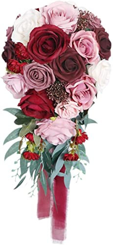 Duiaynke Brautstrauß Künstliche Rosen Wasserfall Floral Esstisch Wohnkultur Hochzeit Kirche Feiern Dekor (Rot)