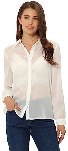 Allegra K Sheer Button Up Blouse for Women's See Through Mesh Long Sleeve Shirt Tops White XL