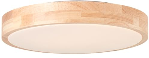 Lightbox LED Deckenlampe mit Holz Rahmen aus Kautschukbaum - Memory-Funktion - CCT, 3000K - 4500K, Ø 34 cm - Deckenleuchte im Landhaus Stil - IP44 - für das Badezimmer - aus Holz/Kunststoff/Metall