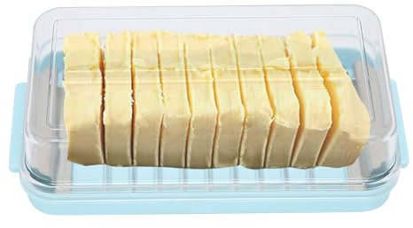 2 in 1 Butter Slicer & Container with Transparent Lid - Stainless Steel Cutter, Kitchen Storage Box for Butter, Cheese, Margarine (Blue, 7.5x4.1x1.6in)