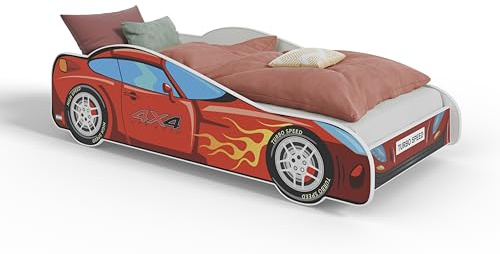 KOBI Bilsäng för barn | 4 x 4 bil | 70 x 140 cm | flerfärgad | Race off Road Car | Barnpojke flicka | med sängunderlag och madrass | hydda med barriär