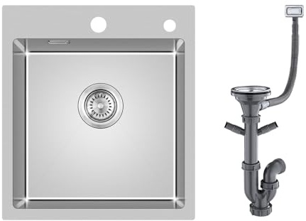 KINKIBOS Spülbecken 304 Edelstahl 45 x 50, Küchenspüle mit 2 Löcher &Siphon | Einbauspüle mit Überlauf, Edelstahlspüle mit Ablaufgarnitur Komplett, 1 Becken für 50 cm Unterschrank
