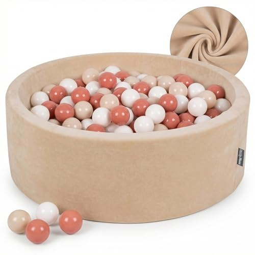 KiddyMoon Velours Bällebad für Babys Rund 90x30 mit 300 Bälle 7cm Ballgruben Spielbad Kleinkinder Sandbeige - Pastellbeige Lachsfarben Weiß