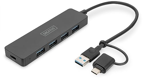 DIGITUS Hub USB - 4 Porte - USB 3.0-4X USB-A - 1x connettore di Alimentazione USB-C - Fino a 5 Gbit/s - Incluso Adattatore da USB-A a USB-C - Lunghezza Cavo 0,2 m - Linea Sottile - Nero