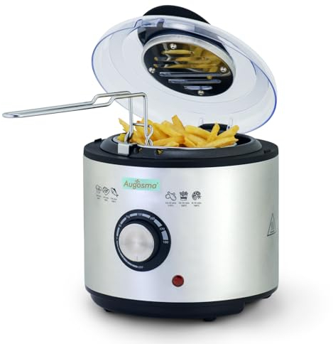 Augosma Mini friteuse à huile | 850-950 W l Capacité : 1 l l Fenêtre de visualisation l Panier à friture en acier inoxydable l Température réglable l Isolation thermique l Revêtement en caoutchouc