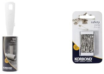 Korbond Lint 7.4m, 1 Roller, White & 50 Piece Safety Pin Pack, Nickel, Packaging may vary