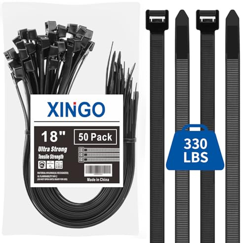 XINGO Bridas negras de 18 pulgadas, paquete de 50 unidades, 330 libras, bridas de plástico fuertes ultra exclusivas, bridas grandes extra largas para uso en interiores y exteriores