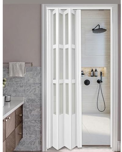 RENLXFI Bathroom Accordion Door Clear 80in High, Aluminum Interior Folding Doors for Room Divider, Living Room Pantry Doorway, Customizable Multifold Sliding Doors((WxH) 50x80in/126x203cm)
