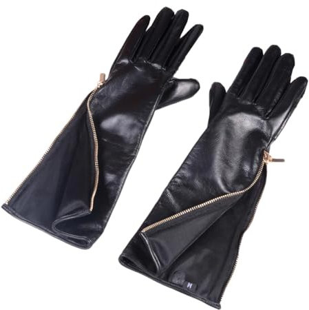 Damen Abendhandschuhe aus echtem Leder, seitlicher Reißverschluss, mittellang, Schwarz , 36