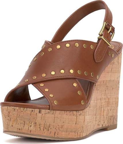 Vince Camuto Women's Ellna Cross-Band Wedge Sandal, Caramello, 10