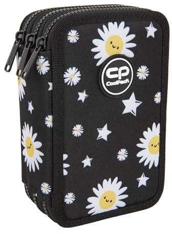 CoolPack XXL Federtasche Federmappe 3-Fach Schulstiftetui, dreifaches Federmäppchen, Federmäppchen für Mädchen, Jungen, Federmäppchen 44-teilig gefüllte Schüleretui 3-stöckig, Daisy Black