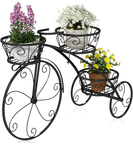 GOPLUS Pflanzenregal Fahrrad, Blumenregal mit 3 Ebenen, Blumenständer aus Metall, Pflanzenständer Blumentopfständer für Garten Balkon & Terrasse (85 x 25 x 50 cm,Schwarz)