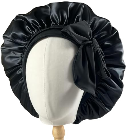 Silk Bonnet for Sleeping, Satin Hair Bonnet, Adjustable Soft Hair Wrap Hair Nets with Tie Band, for Women and Girls Curly Hair, Black