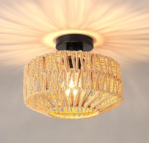 BRAVECOW boho lampenschirm,lampenschirm rattan,boho deckenlampe wohnzimmer,E27 Bambus Deckenlampe,Boho Korb Lampe,rattan deckenlampe, für wohnzimmer, küche,Schlafzimmer