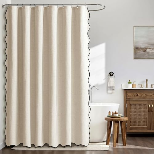 MIULEE Tenda da doccia in lino ondulato 180x200 cm Beige, tende da doccia impermeabili per hotel di lusso, tenda da bagno in tessuto lavabile antimuffa con 12 ganci in metallo.