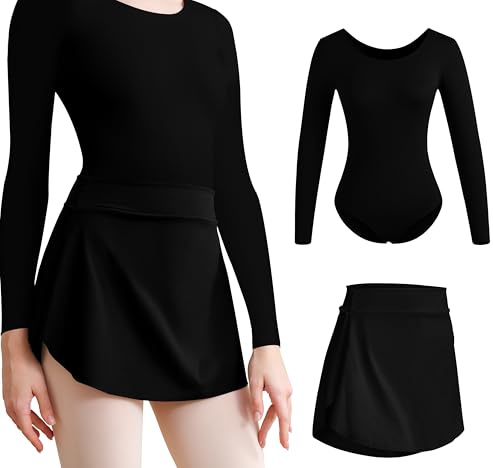 Tegmk Women's Team Basic Long Sleeve Dance Leotard with Pull on Black Ballet Skirt(FT4028-06-M-06Qun)