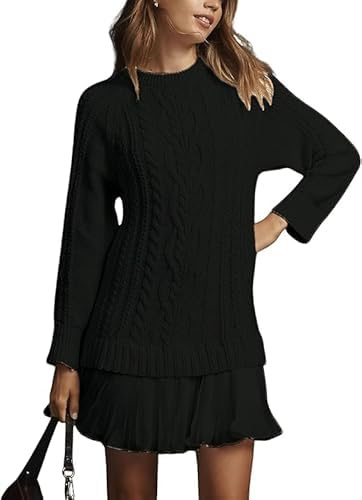 Women Crewneck Cable Knit Sweater Mini Dress, Cableknit Sweater Dress with Pleated Skirt, Women's Cable Knit Dresses (UK, Alpha, M, Regular, Regular, Black)