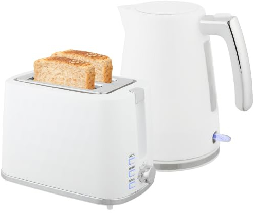 HOMCOM Set Colazione Tostapane a Fessura Larga a 2 Fette, Bianco | 7 Livelli di Doratura e Vassoio Raccoglibriciole, Bollitore Elettrico da 1.7L 2200W con Termostato Otter e Filtro Anticalcare