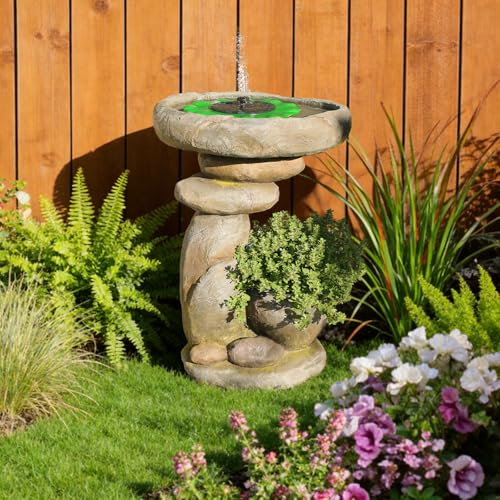 Sunlinua Stone-Like Solar Fountain for Bird Bath – Garden Water Feature with Planting Groove, Vertical Space-Saving Design, Tranquil and Relaxing Water Fountain for Patio, Yard and Balcony, 70 cm