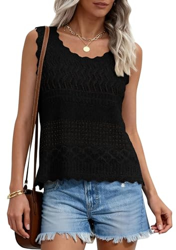 PRETTYGARDEN Womens Crochet Tank Tops 2026 Summer Spring Sleeveless Tops Cute Sweater Vest Trendy Boho Beach Vacation Clothes (Black,Large)
