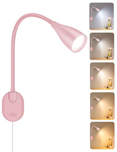 LED Wall Mounted Bedside Reading Light, 3 Color Modes,10 Brightness Dimmable, USB Charging Port, Adhesive Wall Lamp Night Light for Books in Bed, Flexible Neck Eye-Caring Bedroom Lighting Pink