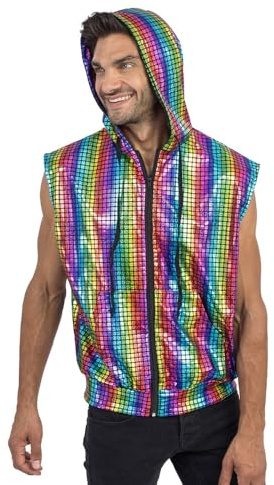 Chaks - Weste mit Kapuze, Glitzer Muster und Reißverschluss | Bunte Kostümweste für Karneval und Festival, Ärmellose Jacke mit Kapuze, Regenbogen Design