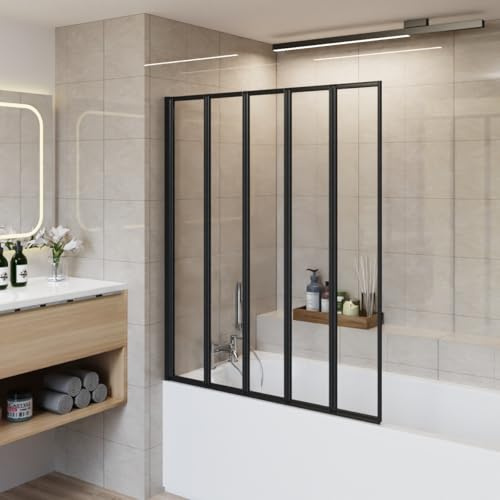 Aquariss 1400x1200mm 5 Folding Panel Bath Shower Screen Black | Brass Hinge, 4mm Toughened Safety Glass, Easy Clean Coating, 180 Pivot, Reversible, 15mm Wall Adjustment, Seal Strips