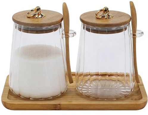 Zuckerdose 2er Set 600 ml aus Glas, Salzdose mit Löffel und Holztablett | Zuckerbehälter mit Deckel, Dichtungsring, Löffelhalter und Öffnungsgriff, Gewürzdose für Frühstück, Kochen und Backen