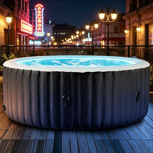 Whirlpool Outdoor Aufblasbar mit Licht 2-4 Personen 180x180x63.5cm Hot Tub Mit LuftdüSen, Isoliertem Deckel, Matte Und Heizungspumpe In-Outdoor SPA Pool Kreisen (4-Personen-Rund mit Licht)
