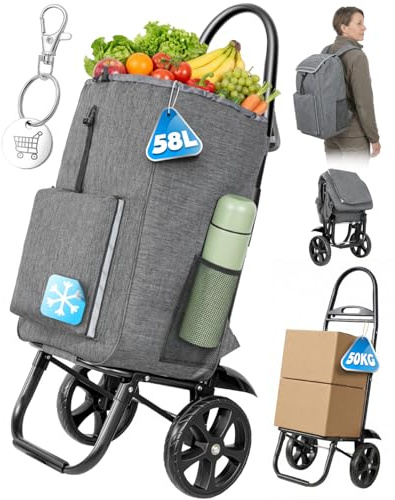 Einkaufstrolley klappbar mit 55L+5L kühlfunktion, Rucksack, bis 50 kg, XXL
