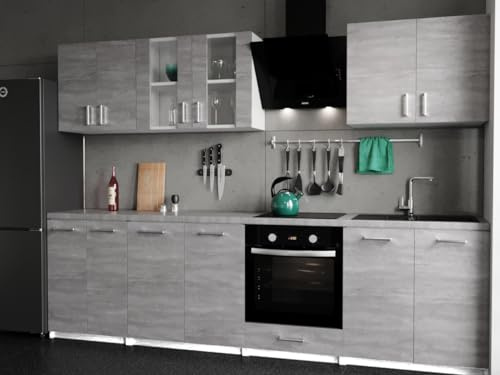 roe furniture Moderne Küchenzeile ohne Elektrogeräte in Beton – Einbauküche mit viel Stauraum – Erweiterbares 2,8-m-Set inkl. Arbeitsplatten in Beton – 280 x 82 x 46 cm (B/H/T)