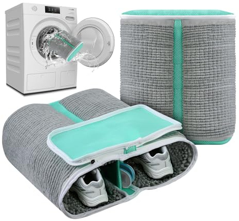 Skotvättpåse XL, 2 i 1 skotvättpåse tvättmaskin, tvättpåse för skor och sneakers med extra rengöringsfack för sulor, skotvättpåse för skor, tvättnät, förstärkt dragkedja (grå)