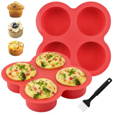 Syncharm Muffinsformsset i silikon för luftfryer och ugn – 2 stycken minimuffinsformar med 4 tråg och bakpensel – BPA-fri, non-stick muffinsplåt, diskmaskinssäker (röd)